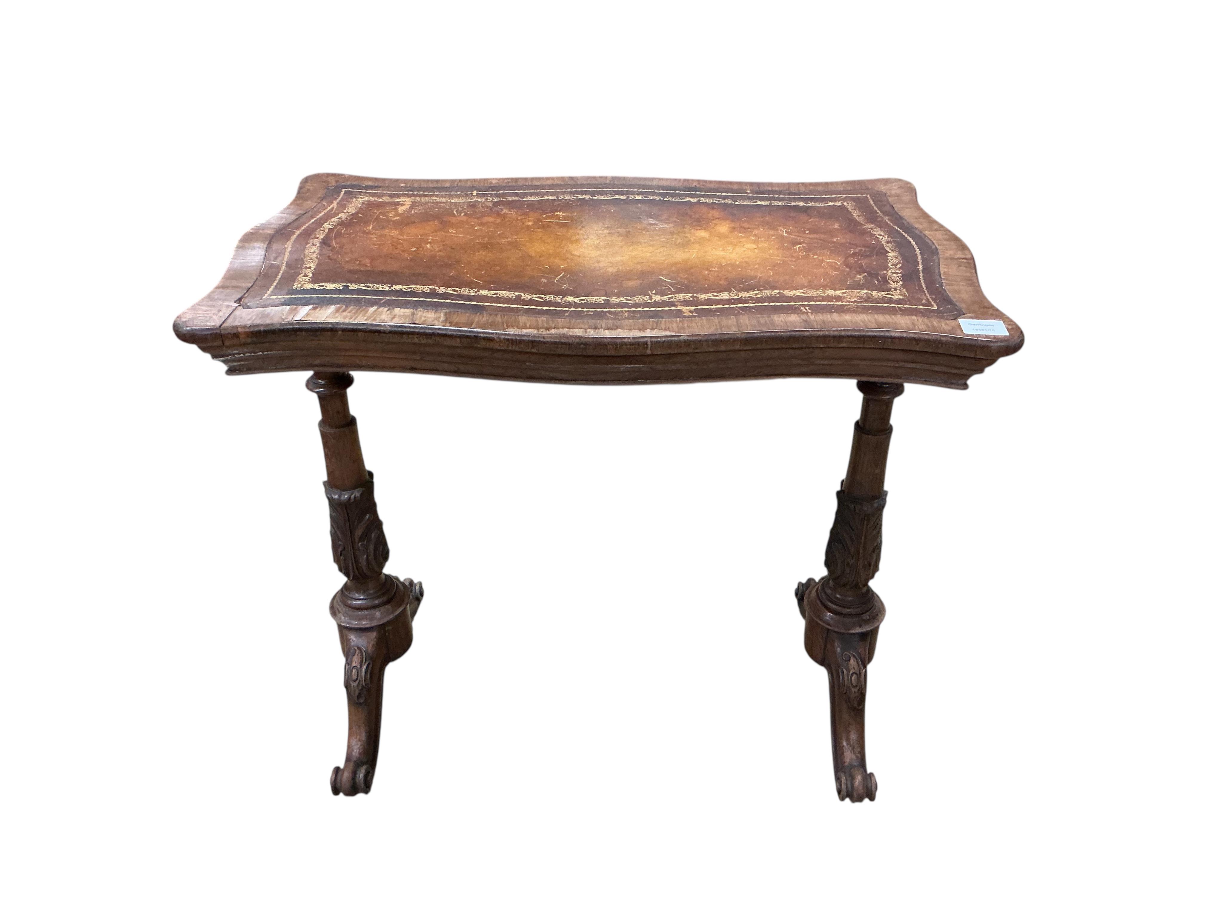 An early Victorian rosewood serpentine folding writing, jardiniere table, width 80cm, depth 49cm, height 71cm